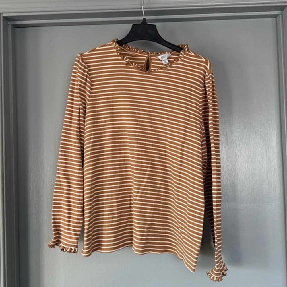 Croft & Barrow Tan and White Striped Women's Pullover Top sz 2X Rufflles